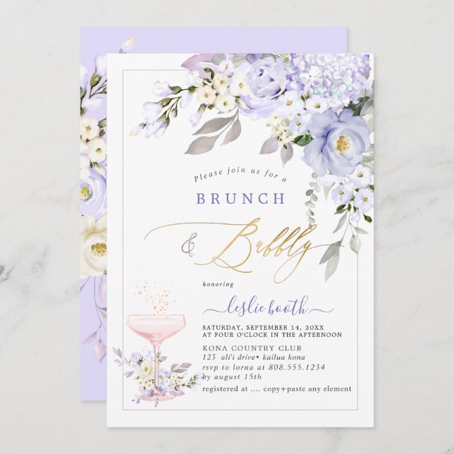 Convite PixDezines H2 Rosas Roxos Hydrangea Brunch (Frente/Verso)