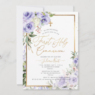 Convite PixDezines H2 Rosas Roxos Primeira Comunhão Sagrad