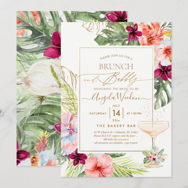 Convite PixDezines H2 Tropical Paradise Brunch Bubbly (Frente/Verso)