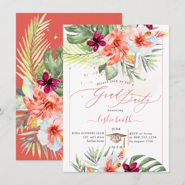 Convite PixDezines H2 Tropical Paradise Luau Graduação (Frente/Verso)