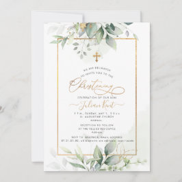 Convite PixDezines H2 Verde Dourado Eucalipto Batismo