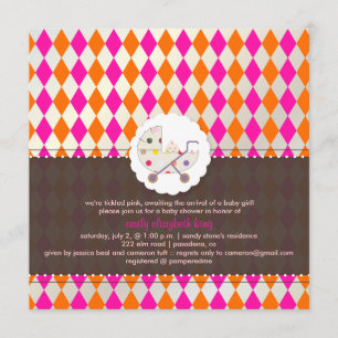 Convite PixDezines harlequim/rosa+laranja/chá de bebê/DIY
