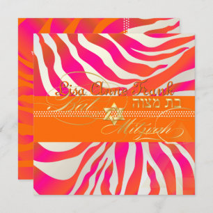 Convite PixDezines Hot Pink+Orange Zebra, Bat Mitzvah