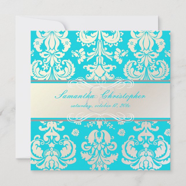 Convite PixDezines Isabella Damask, cor Pearl+Aqua/DIY (Frente)