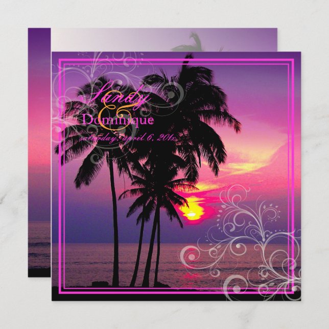 Convite PixDezines Kaui Sunset+Swirls/casamento tropical (Frente/Verso)