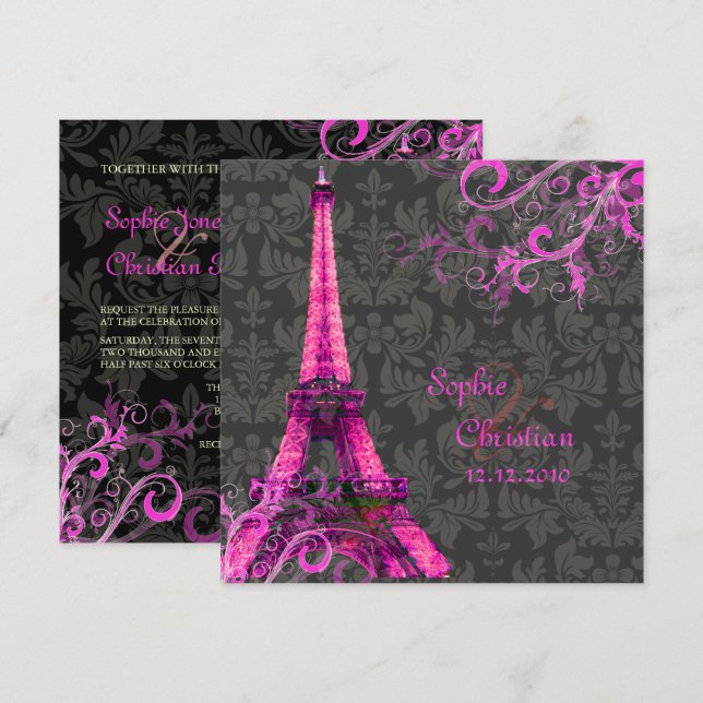 Convite PixDezines LA TORRE EIFFEL/ROSA/DIY COR (Frente/Verso)