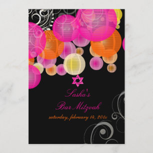Convite PixDezines, lanternas rosa+laranja/bat mitzvah
