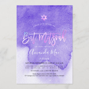 Convite PixDezines Lavanda de Aquarela Roxo Mitzvah