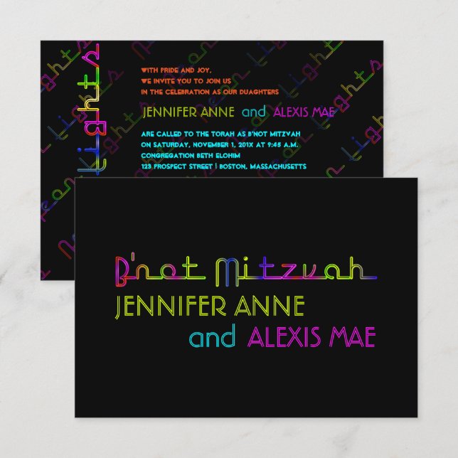 Convite PixDezines luzes de néon b'not mitzvah (Frente/Verso)