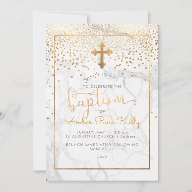 Convite PixDezines Marble+Faux Dourado Confetti/Baptismo (Frente)