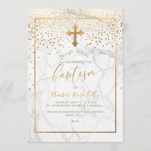 Convite PixDezines Marble+Faux Dourado Confetti/Baptismo