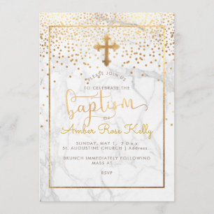 Convite PixDezines Marble+Faux Dourado Confetti/Batismo