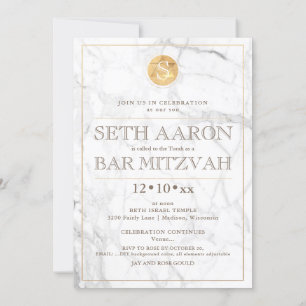 Convite PixDezines Marble Faux Dourado Monograma Bar Mitzv