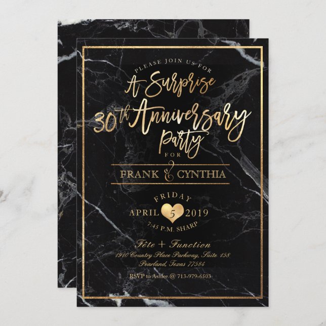 Convite PixDezines Marble/Faux Dourado/Partido do Aniversá (Frente/Verso)