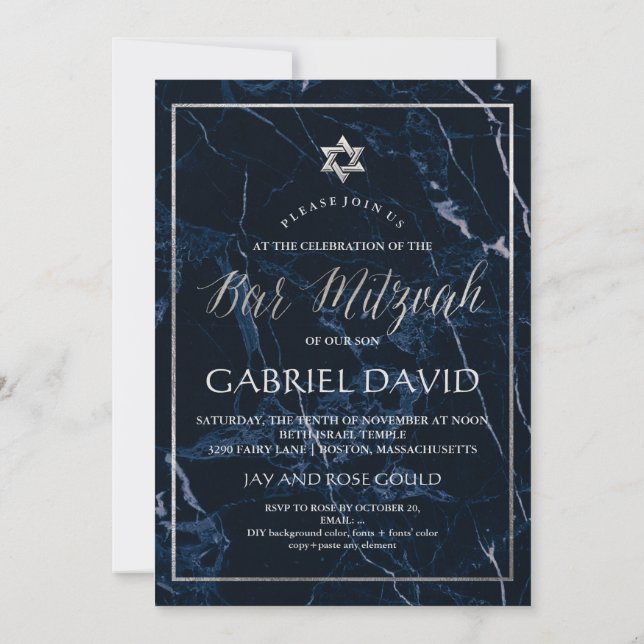 Convite PixDezines Marble Faux Silver Star Bar Mitzvah (Verso)