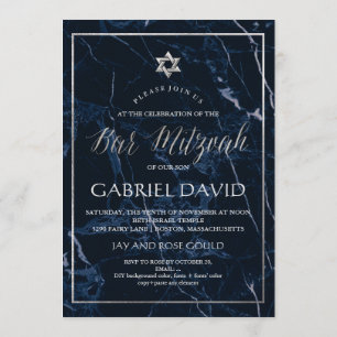 Convite PixDezines Marble Faux Silver Star Bar Mitzvah