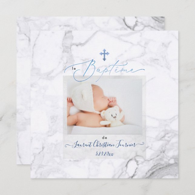 Convite PixDezines Marbre Blanc, Baptême Bleu garçon (Frente/Verso)