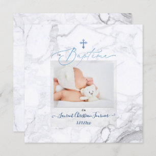 Convite PixDezines Marbre Blanc, Baptême Bleu garçon