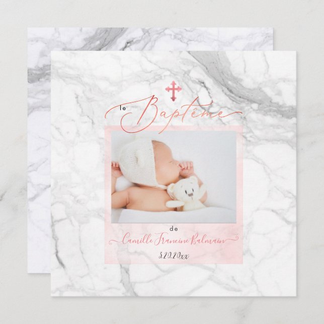 Convite PixDezines Marbre Blanc, Baptême File (Frente/Verso)