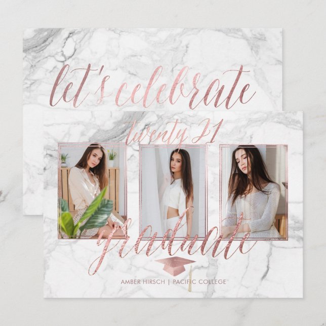 Convite PixDezines Mármore Falso Rosa Dourado Graduação (Frente/Verso)