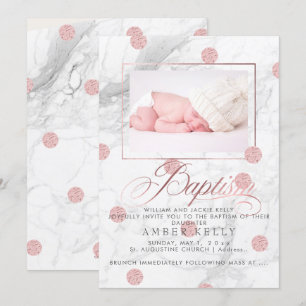 Convite PixDezines Mármore+Ponto Rosa Dourado Falso/Batism