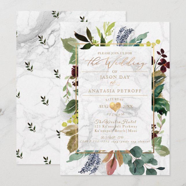 Convite PixDezines Mármore Verde Ouro Coração (Frente/Verso)