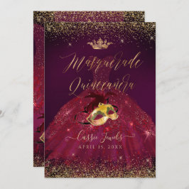Convite PixDezines Mascarada Quinceanera Burgundy Dourado