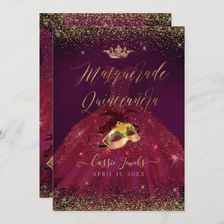 Convite PixDezines Mascarada Quinceanera Burgundy Dourado