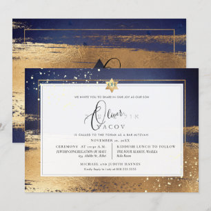 Convite PixDezines MIDNIGHT AZUL BRUSHSTROKE Mitzvah