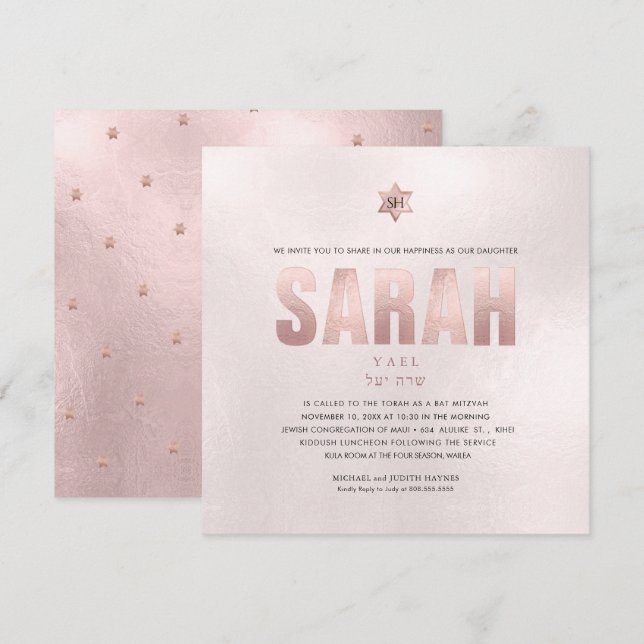 Convite PixDezines Minimalista ROSA DIY FAUX DOURADO Mitzv (Frente/Verso)