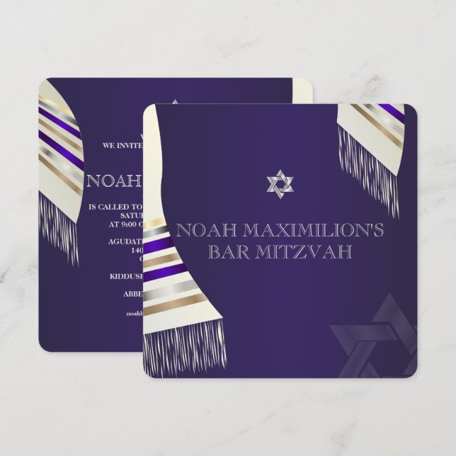 Convite PixDezines mitzvah/tallit roxo/fundo DIY (Frente/Verso)