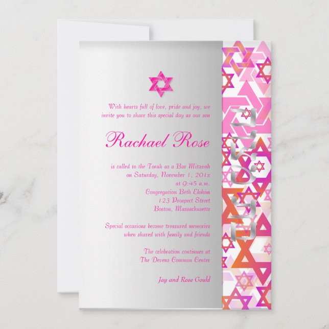 Convite PixDezines mod estrelas/Bar Mitzvah/rosa quente/pr (Frente)