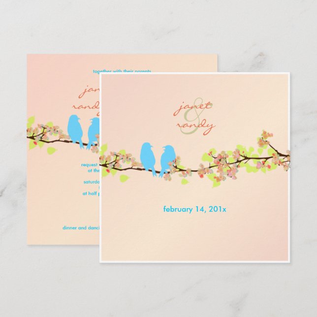 Convite PixDezines Pássaros de Amor/AZUL/FUNDO DIY (Frente/Verso)