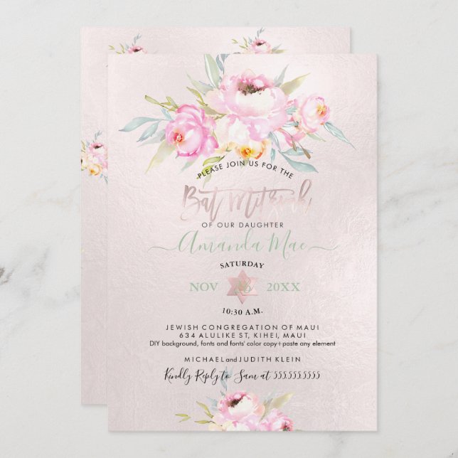 Convite PixDezines Peonies Rosa Watercolor Bat Mitzvah (Frente/Verso)