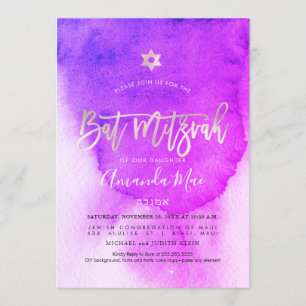 Convite PixDezines Pink Aquarela+Bat Platinum Mitzvah