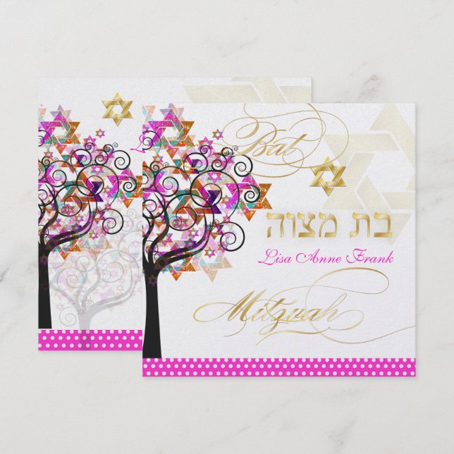 Convite PixDezines PINK TREE OF LIFE BAT MITZVAH CONVIDA (Frente/Verso)