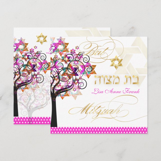 Convite PixDezines PINK TREE OF LIFE BAT MITZVAH CONVIDA (Frente/Verso)