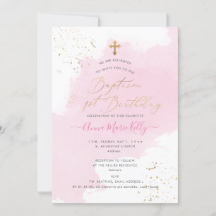 Convite PixDezines Pink Watercolor Baptism+primeiro aniver