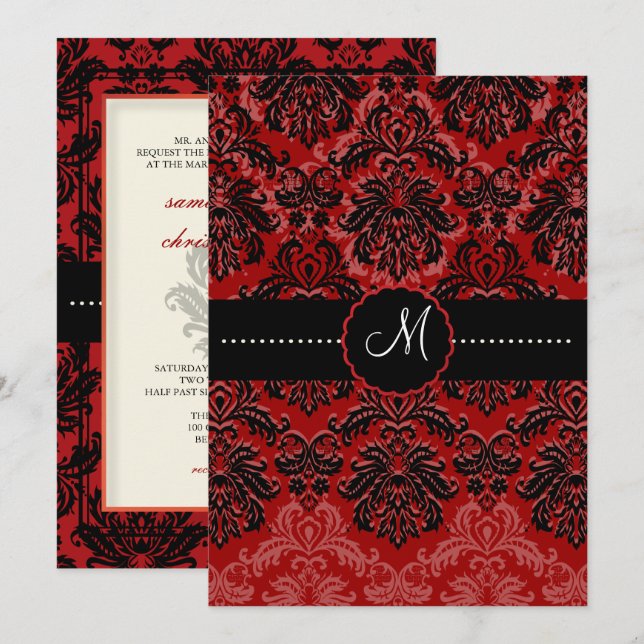 Convite PixDezines Piqué, Damask / Black + Red Velvet (Frente/Verso)