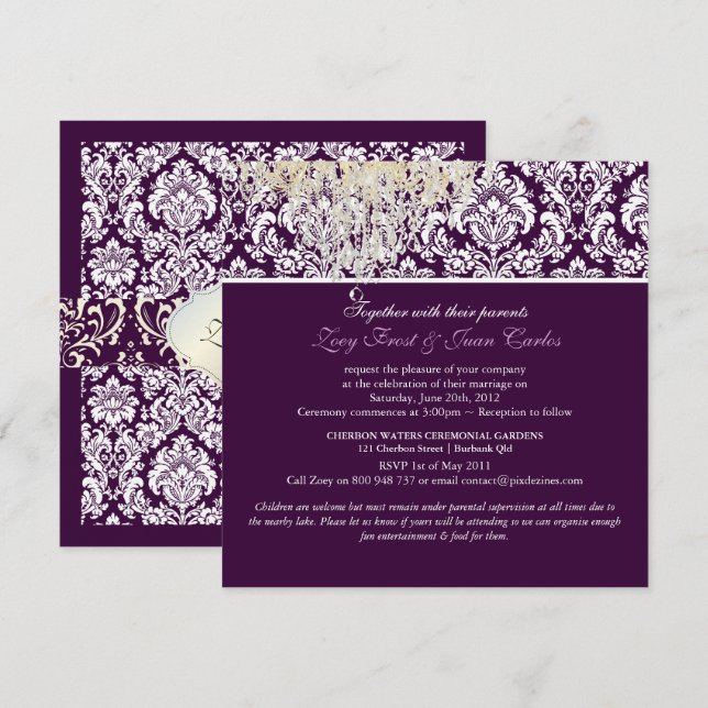 Convite PixDezines Plum Moiré Damask/Crystal Lustre (Frente/Verso)