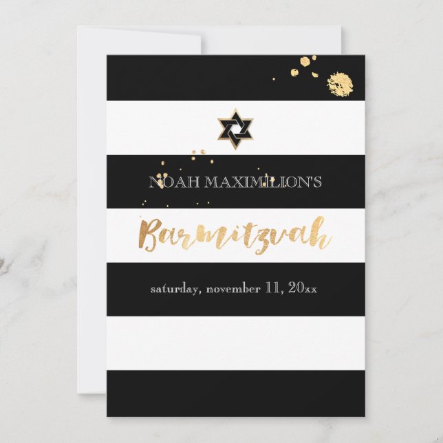 Convite PixDezines preto/branco/bar de listras mitzvah (Frente)