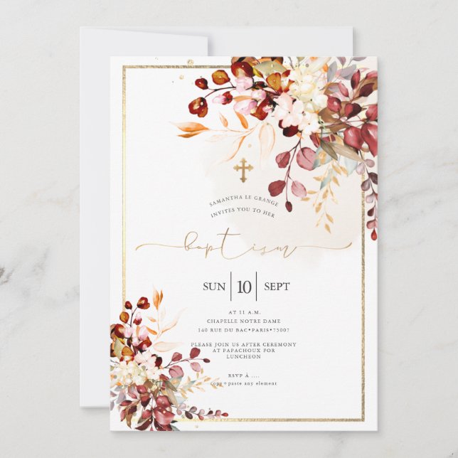 Convite PixDezines Queda Foliage Rustic Watercolor Baptism (Frente)