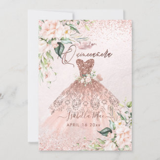 Convite PixDezines Quinceanera Blush Rosa- Rosa Gown Doura