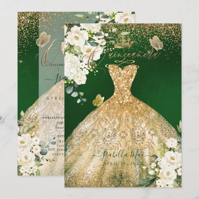 Convite PixDezines Quinceanera Dourada Glitter Verde (Frente/Verso)