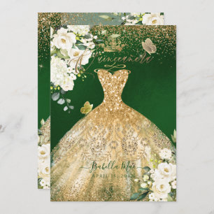 Convite PixDezines Quinceanera Dourada Glitter Verde