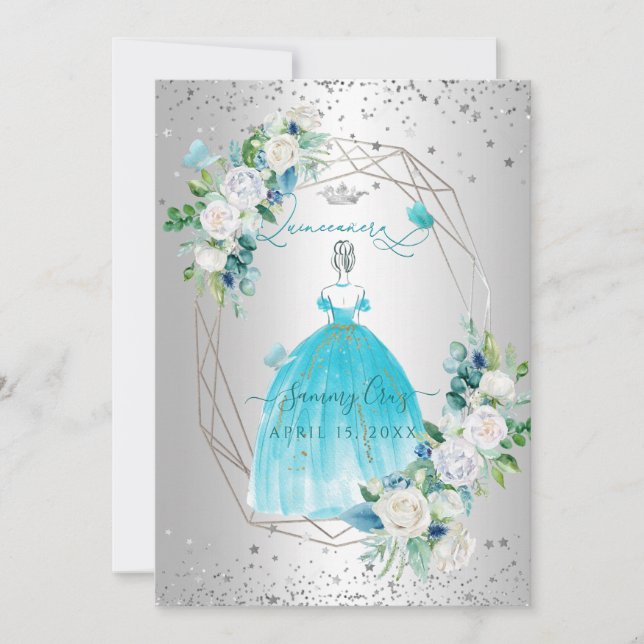 Convite PixDezines Quinceanera H2 Flores Aqua Azul (Frente)