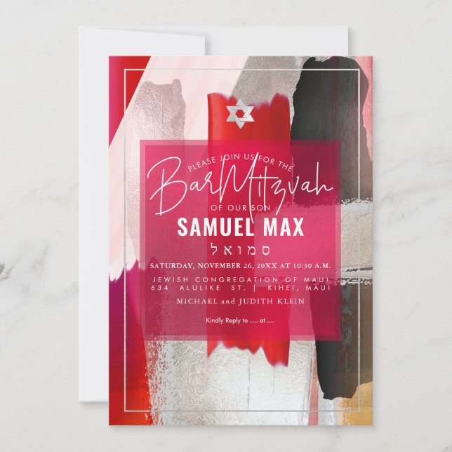 Convite PixDezines Red Black Watercolor Bar Mitzvah (Frente)