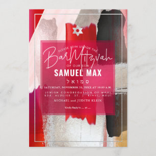 Convite PixDezines Red Black Watercolor Bar Mitzvah