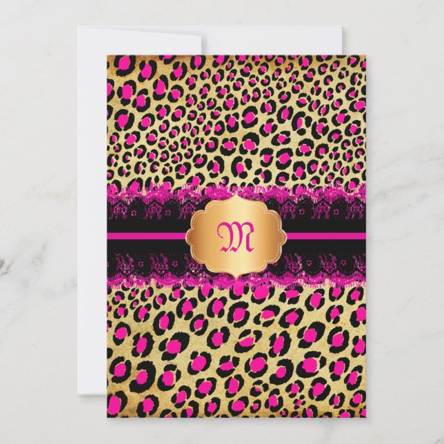 Convite PixDezines rendas+manchas de leopardo/rosa+preto (Frente)