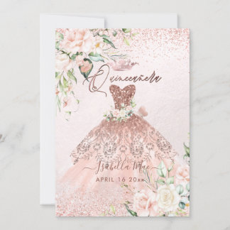 Convite PixDezines, Rosa de Quinceanera, Glitter Dourado